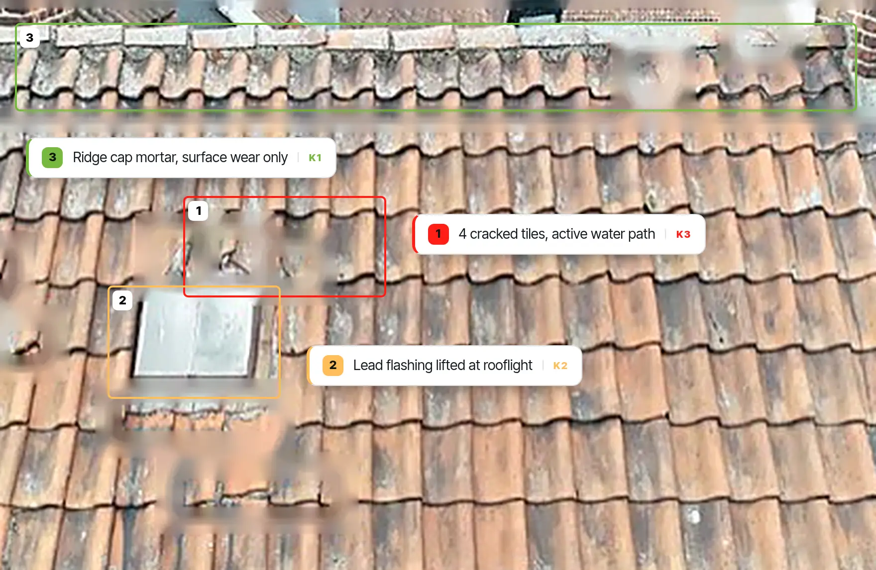 Roof detail with three findings marked: cracked tiles, lifted lead flashing and ridge cap mortar wear